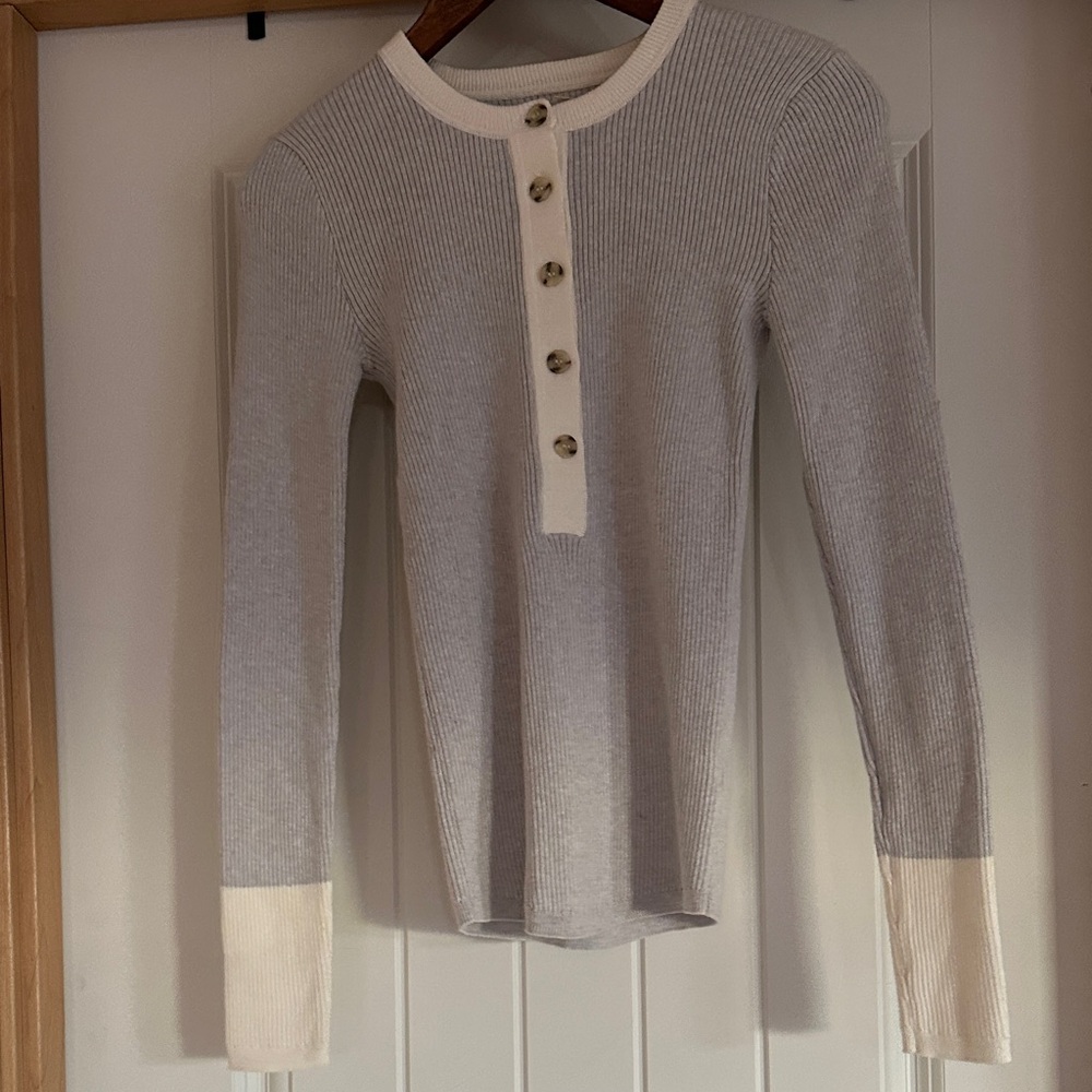 Faherty Button Down Ribbed Top in Cream and Gray